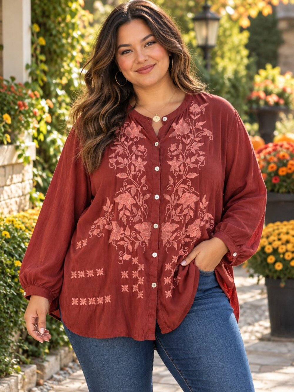 Karyn Seo Embroidered Blouse XL Rust Red Boho Floral Button Front